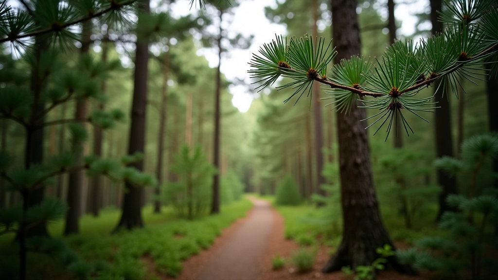 Pine forest canopy with light filtering through dense green branches creating dappled shadows